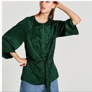 Zara Knotted Green Jacquard Satin Tie Waist Blouse - S